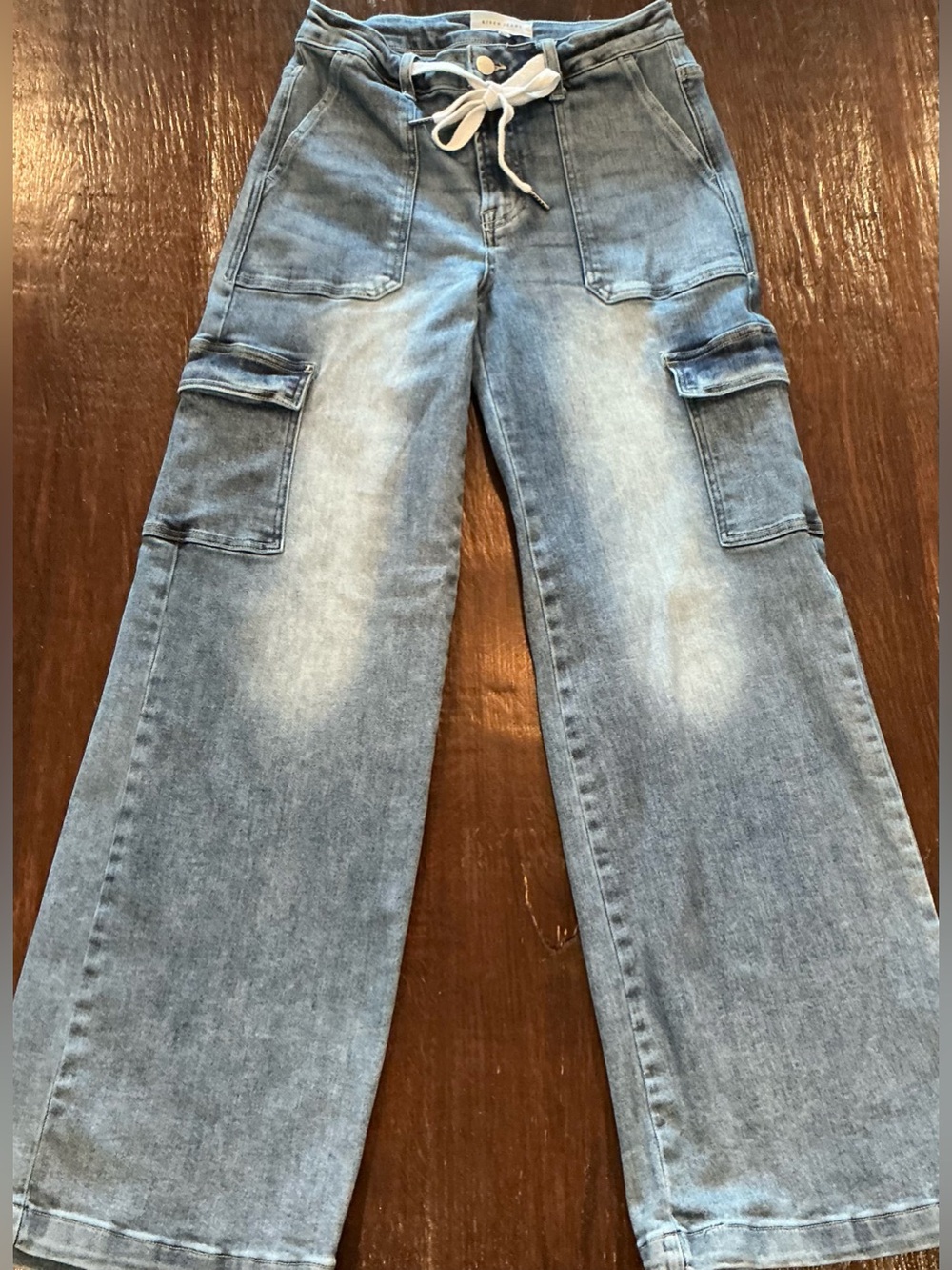 RISEN Wide Leg Cargo Jeans Blue Stretch Denim Tie Waist Size 9/29
